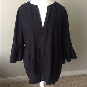 Loft Navy Blue Floral Peplum Bell Sleeve Blouse